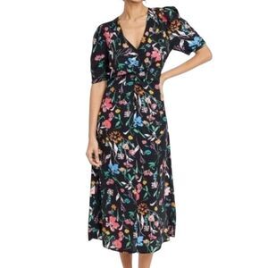 A New Day Midi Dress Boho Ruched Woven Floral Black Pink Red L bv